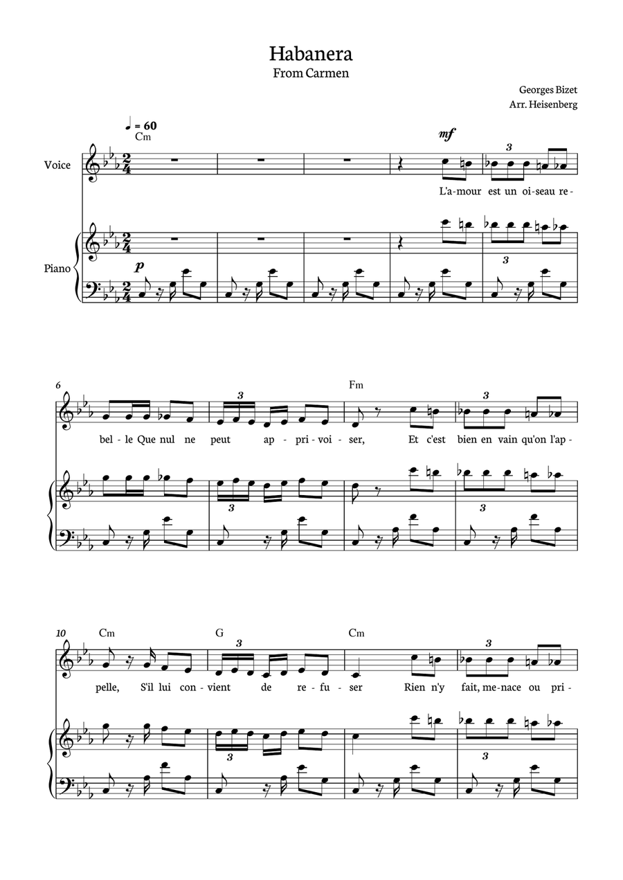 Habanera - Carmen for piano, chords and voice in C minor. Piano, Vocal scores gallery preview page 1