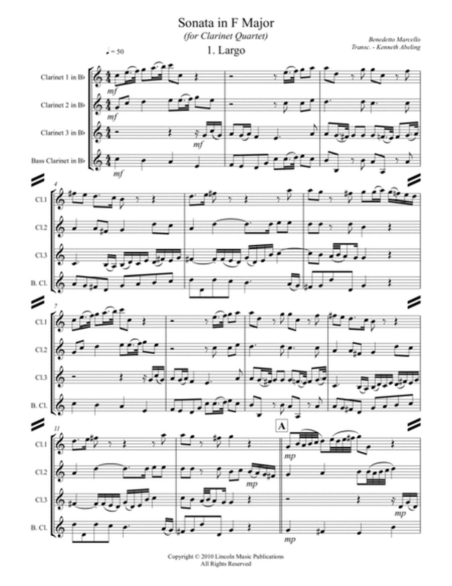 Marcello - Sonata in F Major (for Clarinet Quartet) image number null