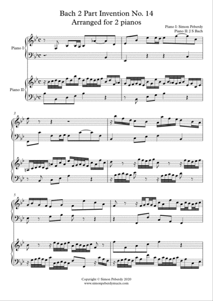 Bach 2 Part Invention No. 14 in B flat major for 2 pianos, 4 hands (second piano part by Simon Peber Piano Method scores gallery preview page 3