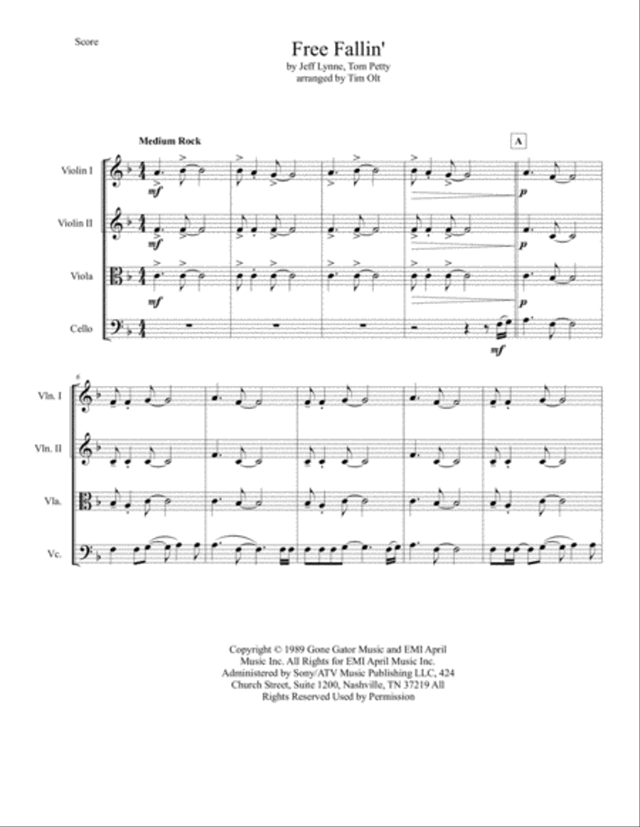 Free Fallin' String Quartet scores gallery preview page 1