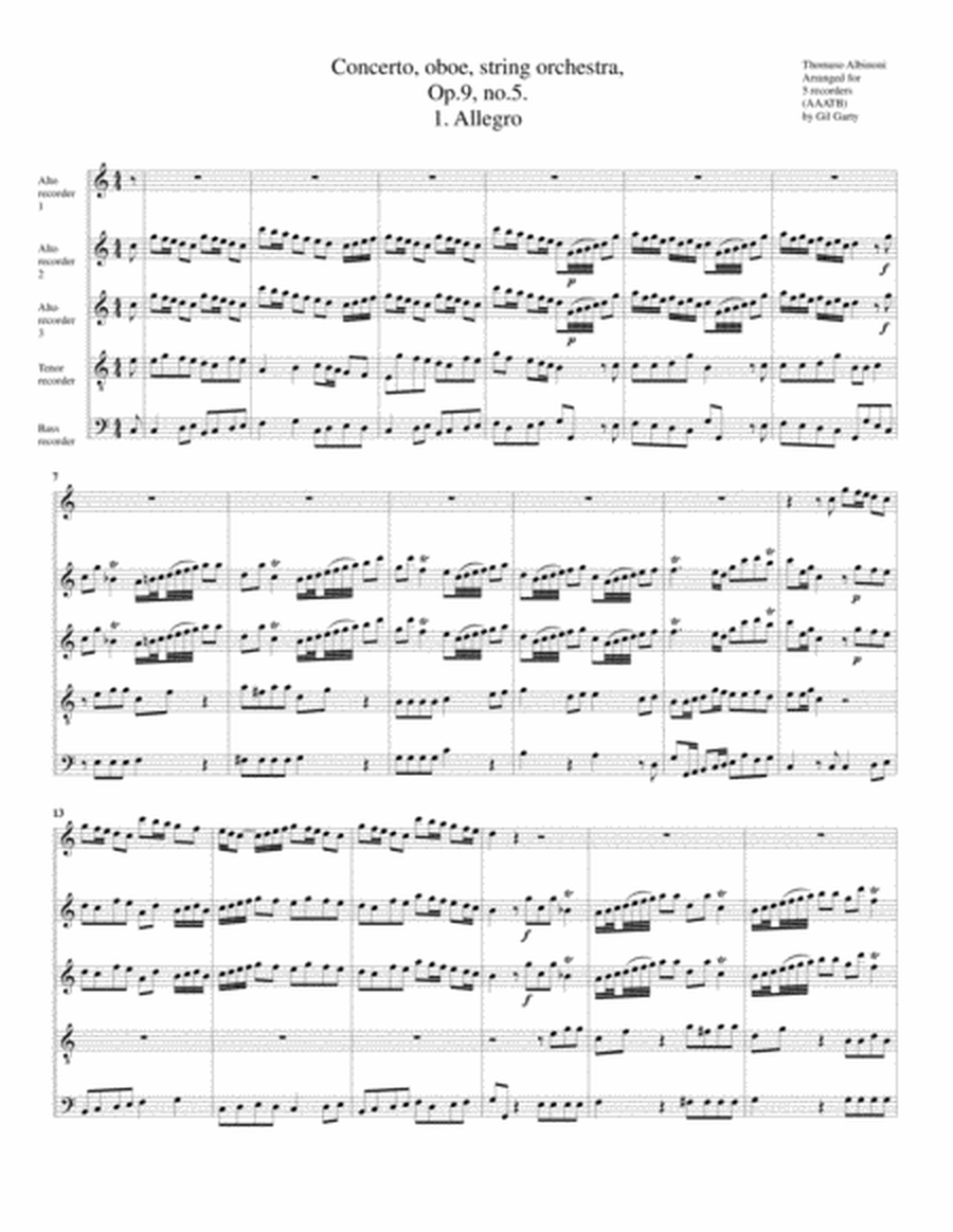Concerto, oboe, string orchestra, Op.9, no.5 (Arrangement for 5 recorders)