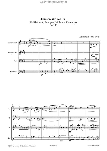 Humoreske A-Dur fur Klarinette, Trompete, Bratsche und Kontrabass BoO 15
