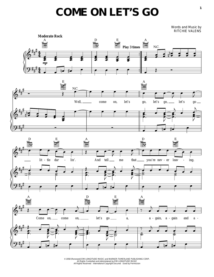 Come On Let's Go Piano, Vocal, Guitar scores gallery preview page 1
