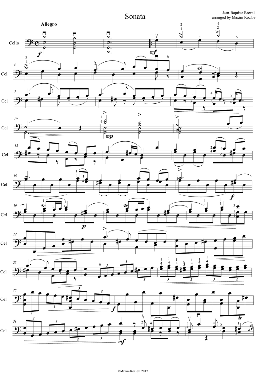 J.B.Breval Sonata for cello and piano in C Major, Mov.I. Arrangement for cello solo.