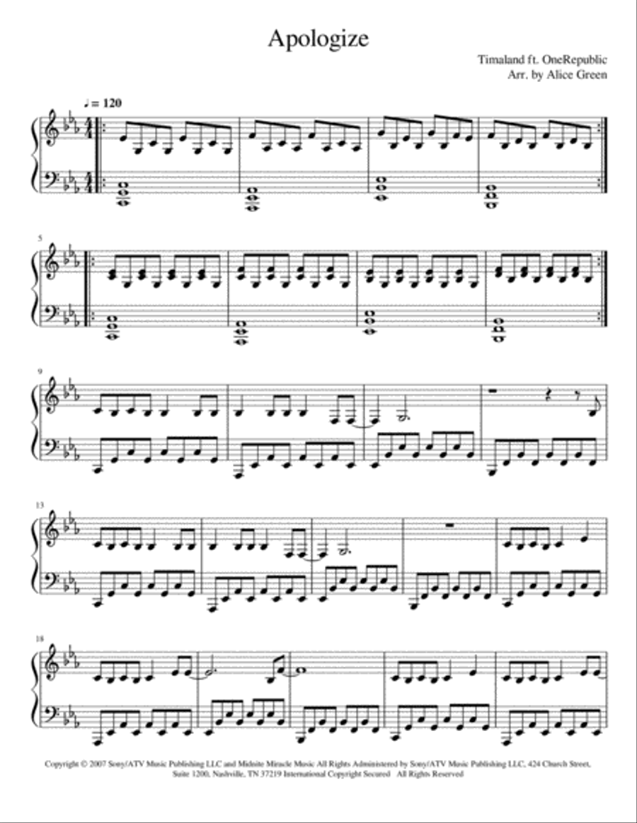 Apologize Piano Solo scores gallery preview page 1