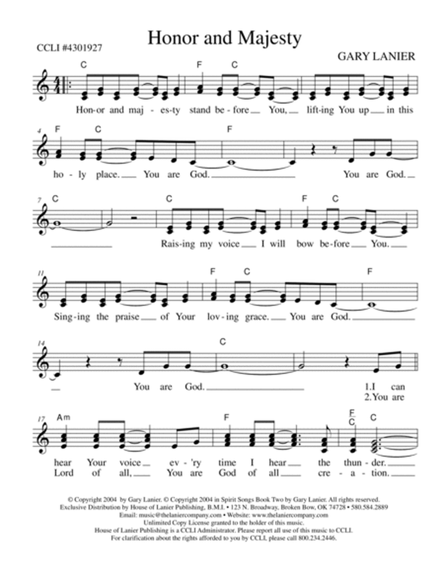 HONOR AND MAJESTY, Praise & Worship Lead Sheet (Includes Melody, Lyrics & Chords) image number null