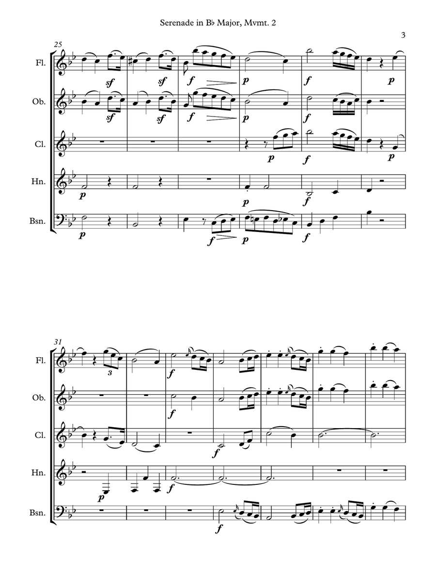 Mozart: Serenade in Bb Major, K. 361 (Gran Partita) for Wind Quintet Mvmt. 2 (Menuetto I) Woodwind Quintet scores gallery preview page 3