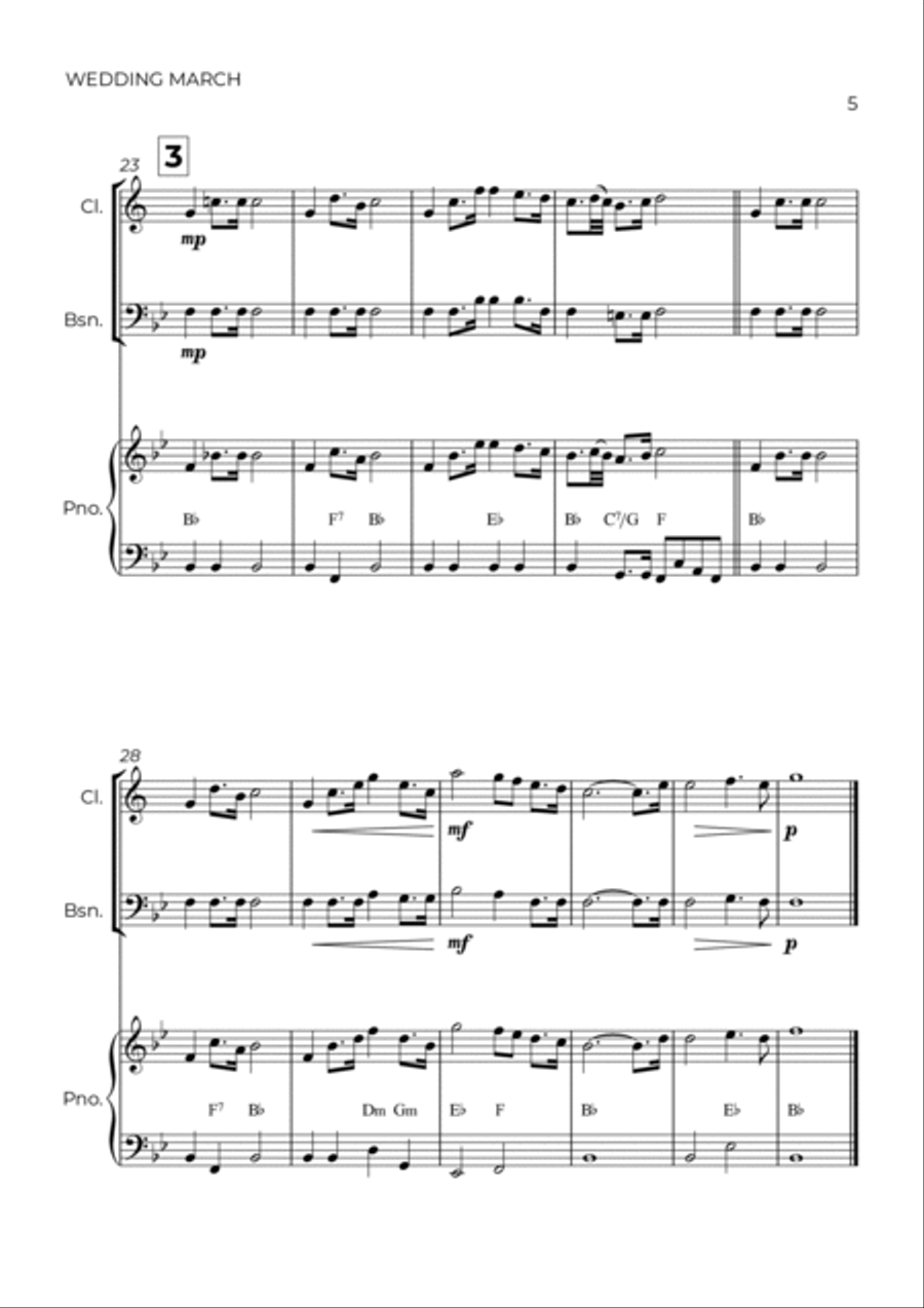 WEDDING MARCH - RICHARD WAGNER - WIND PIANO TRIO (CLARINET, BASSOON & PIANO) Woodwind Duet scores gallery preview page 5