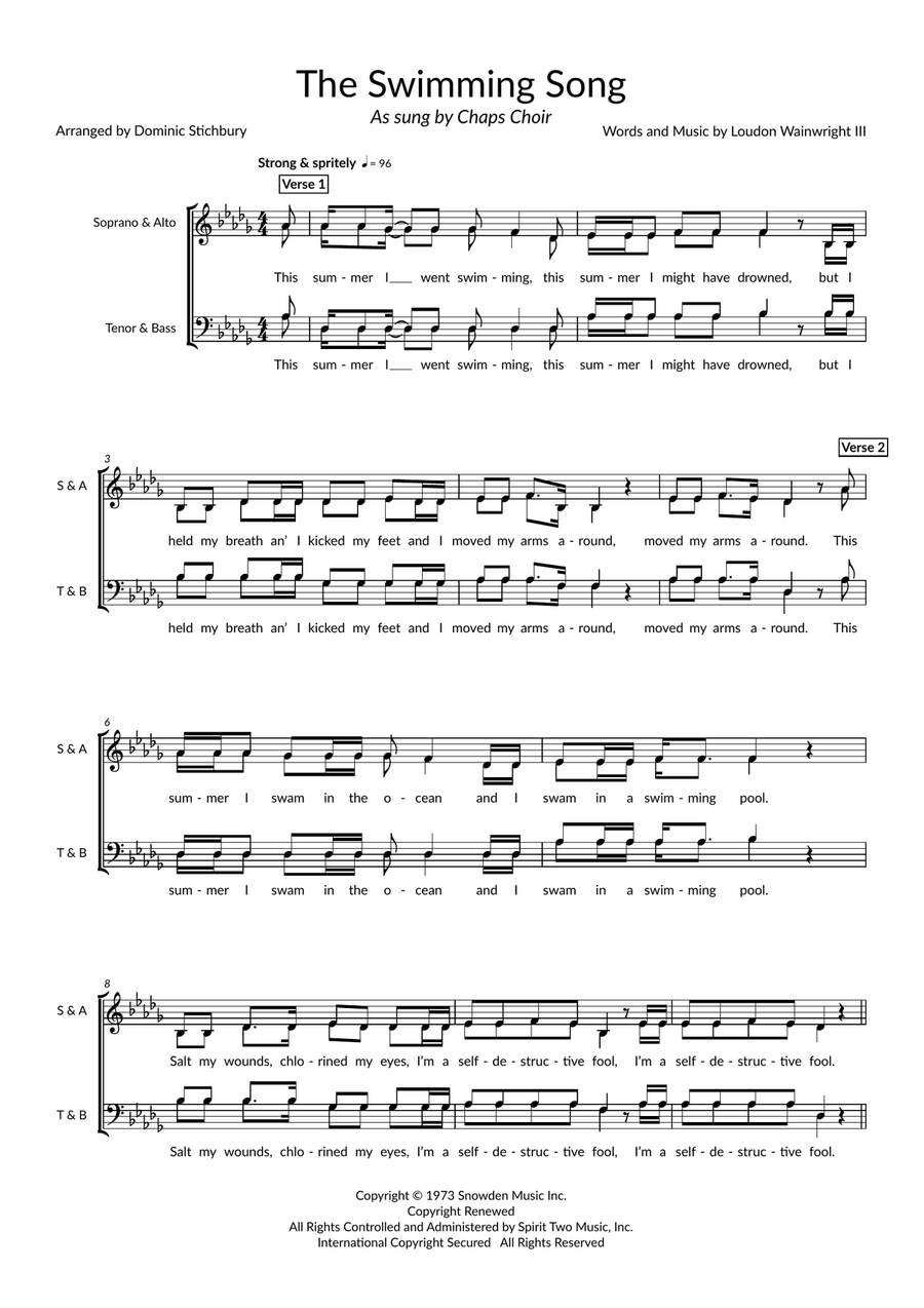The Swimming Song (arr. Dom Stichbury) 4-Part scores gallery preview page 1