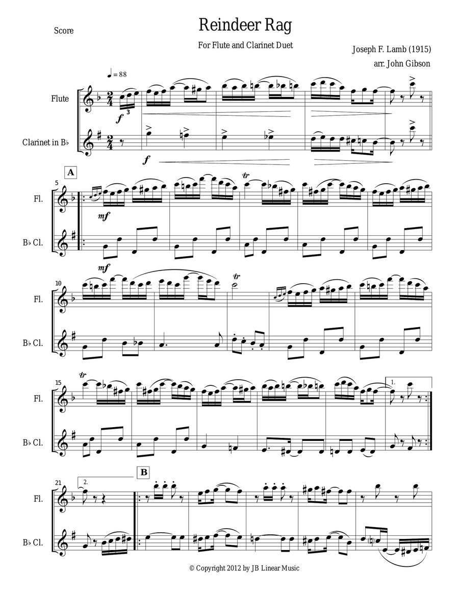 Reindeer Rag for Flute and Clarinet Duet Woodwind Duet scores gallery preview page 1