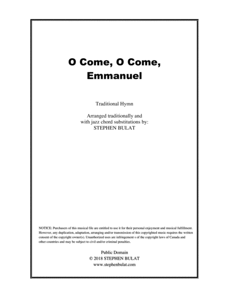 O Come, O Come, Emmanuel - Lead sheet arranged in traditional and jazz style (key of Em)