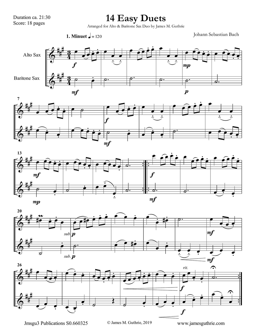 Bach: 14 Easy Duets for Alto & Baritone Sax Woodwind Duet scores gallery preview page 1