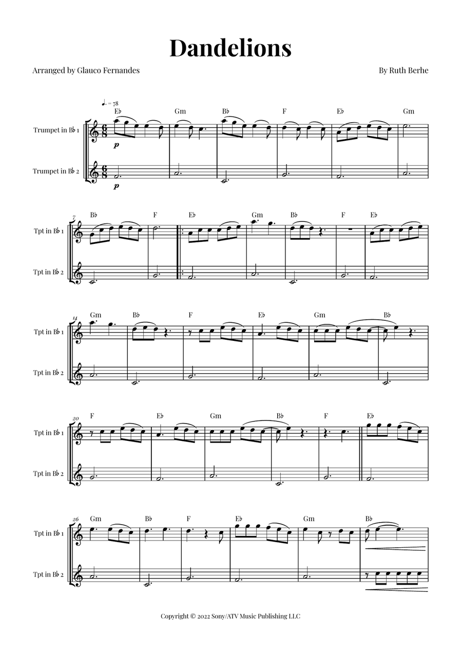 Dandelions Trumpet Duet scores gallery preview page 1