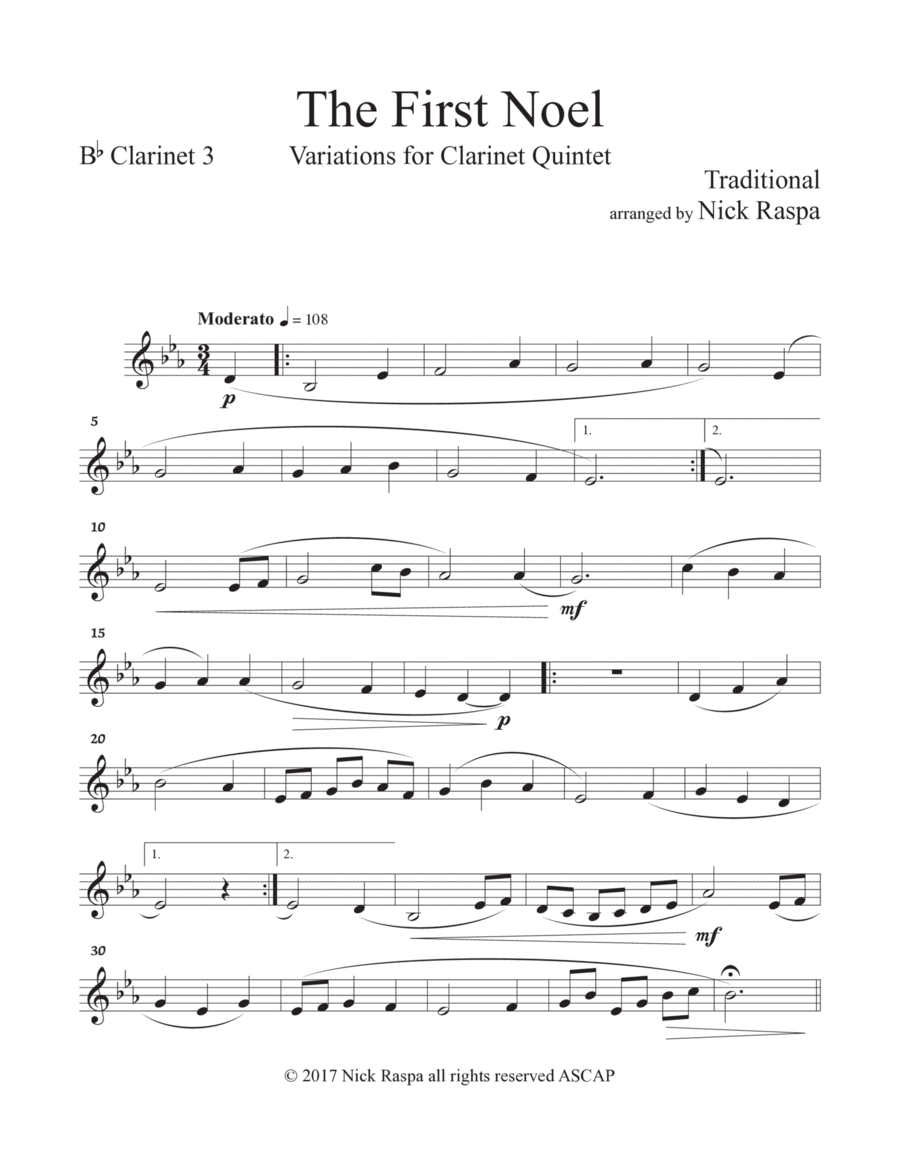 The First Noel (Variations for Clarinet Quintet) Bb Clarinet 3 part image number null