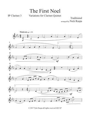 The First Noel (Variations for Clarinet Quintet) Bb Clarinet 3 part
