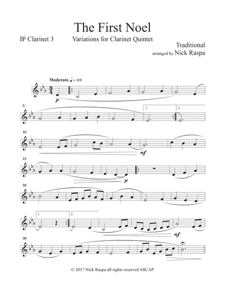 The First Noel (Variations for Clarinet Quintet) Bb Clarinet 3 part
