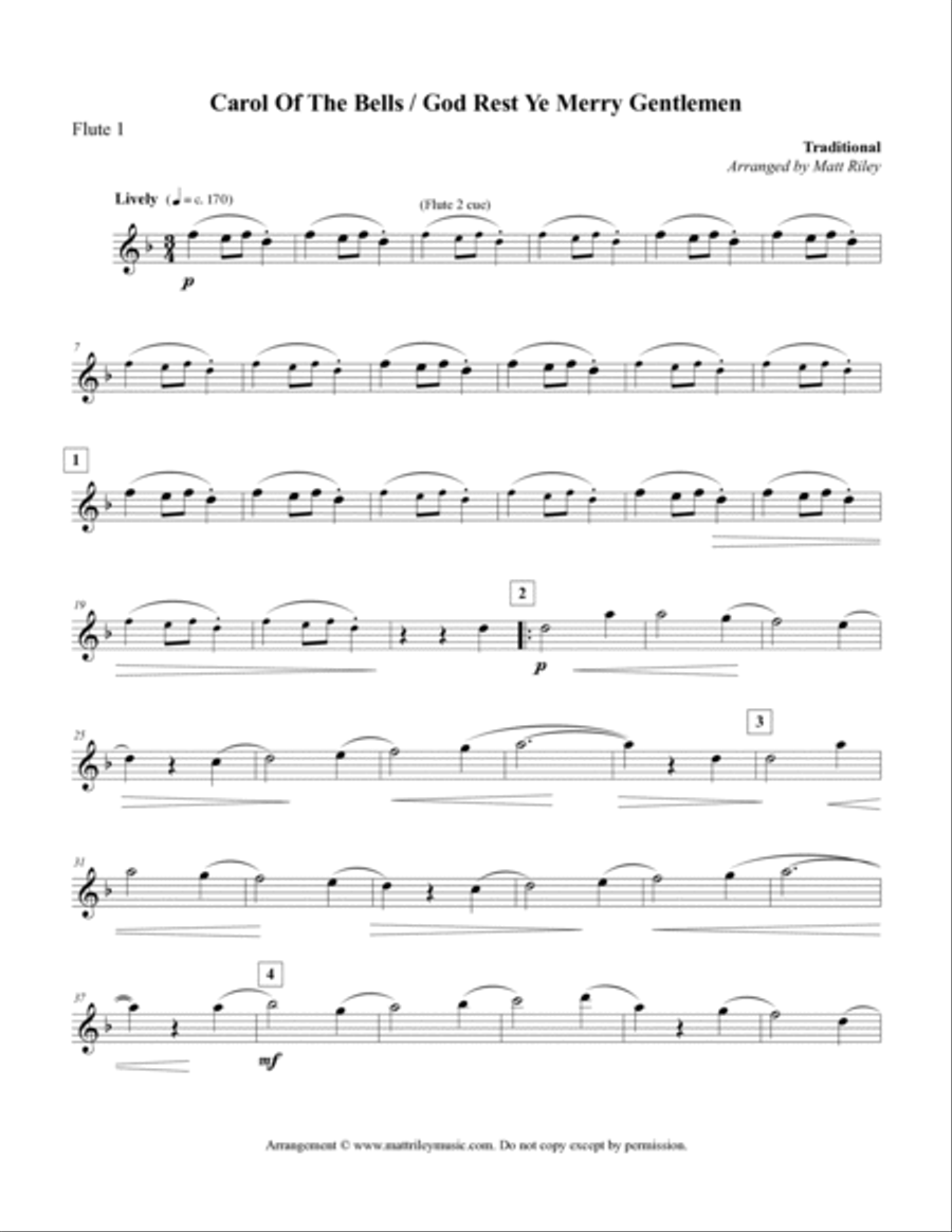 Carol of the Bells / God Rest Ye Merry Gentlemen - 4 Flutes (with 2 optional Alto Flute parts) Flute Quartet scores gallery preview page 3