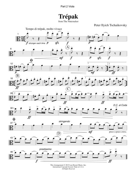 Trepak from The Nutcracker for Piano Quartet (Violin, Viola, Cello, Piano) Set of 4 Parts
