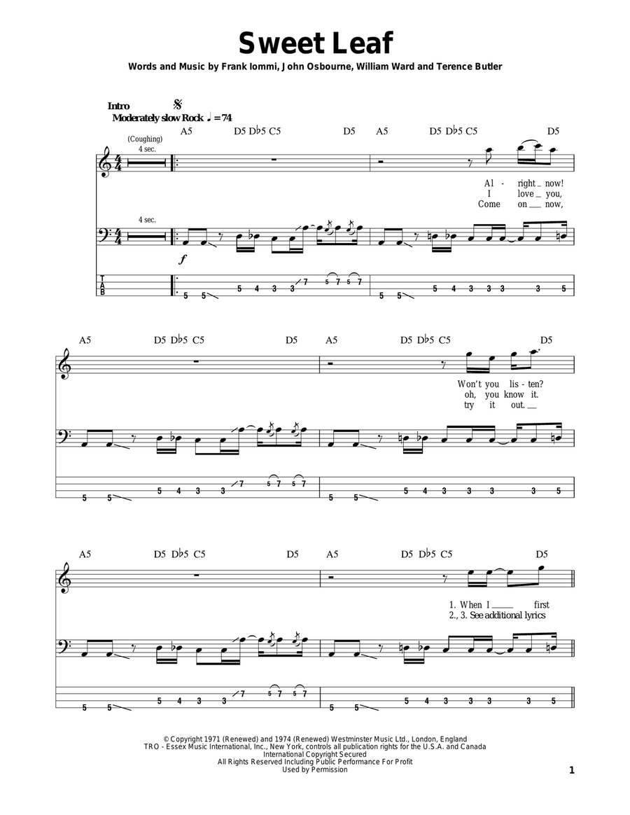 Sweet Leaf Bass Guitar Tablature scores gallery preview page 1