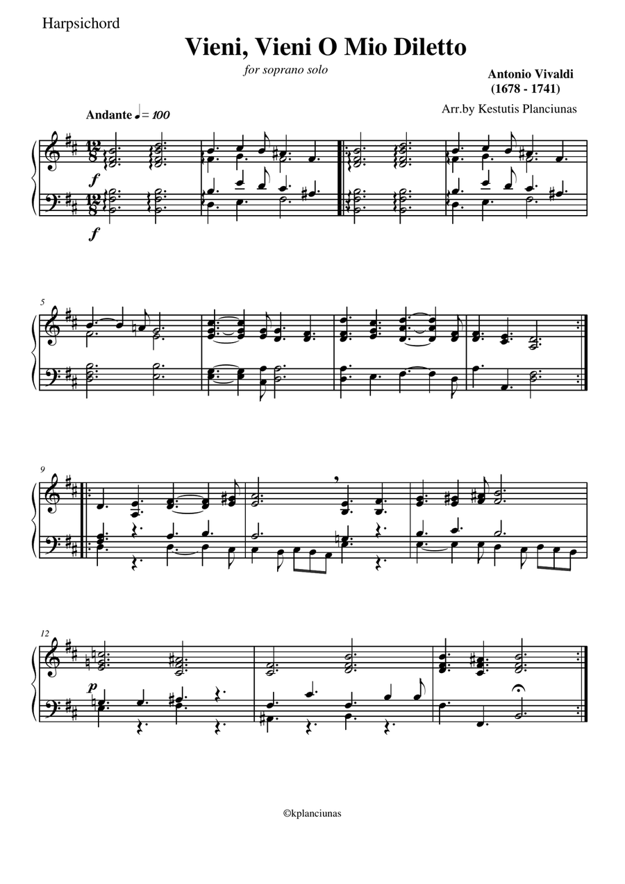 Vieni, Vieni O Mio Diletto (For soprano and chamber orchestra) Chamber Orchestra scores gallery preview page 1