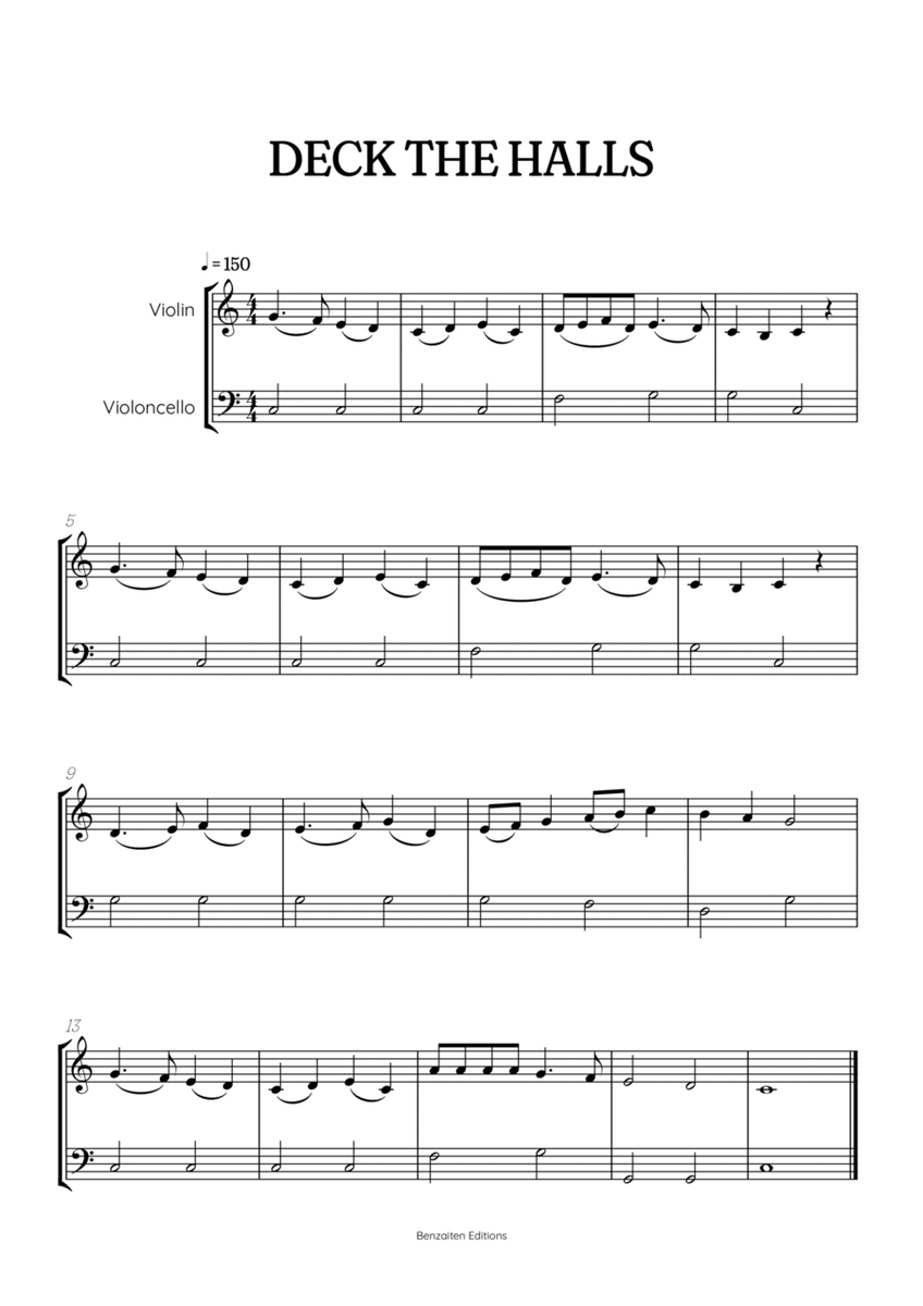 Deck the Halls for violin and cello duet • super easy Christmas song sheet music image number null