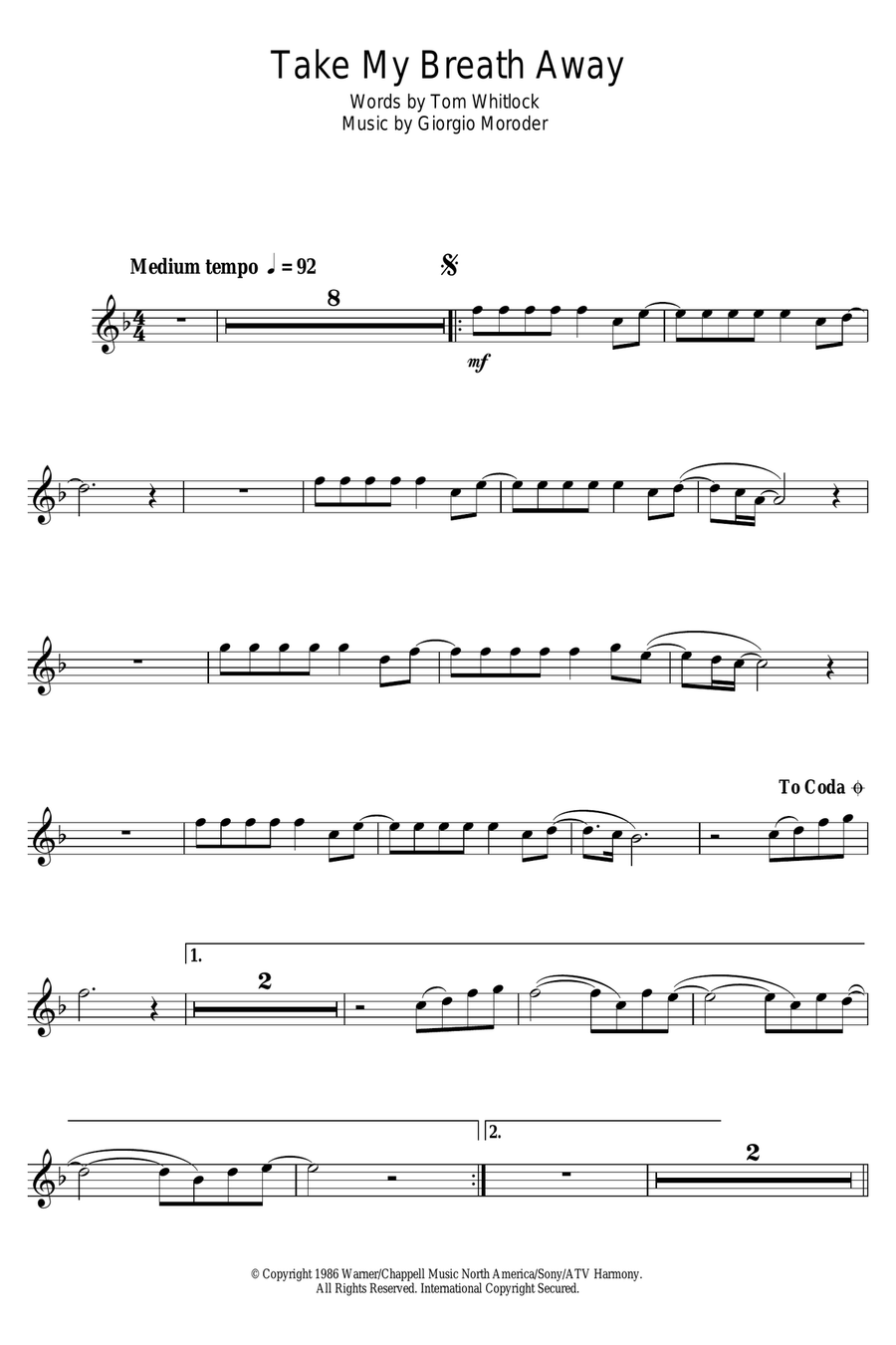 Take My Breath Away Alto Saxophone scores gallery preview page 1