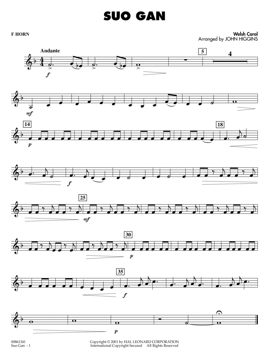 Suo Gân (arr. John Higgins) - F Horn Concert Band scores gallery preview page 1