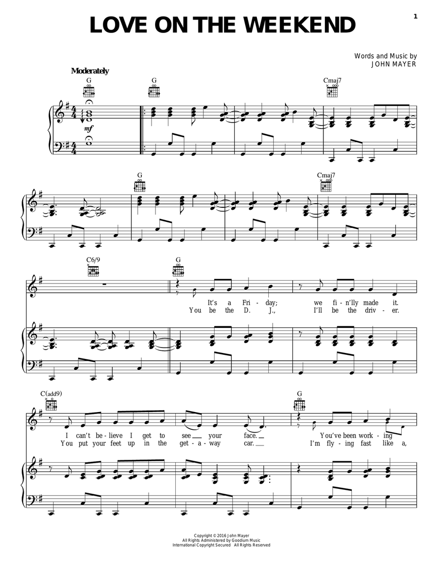 Love On The Weekend Piano, Vocal, Guitar scores gallery preview page 1