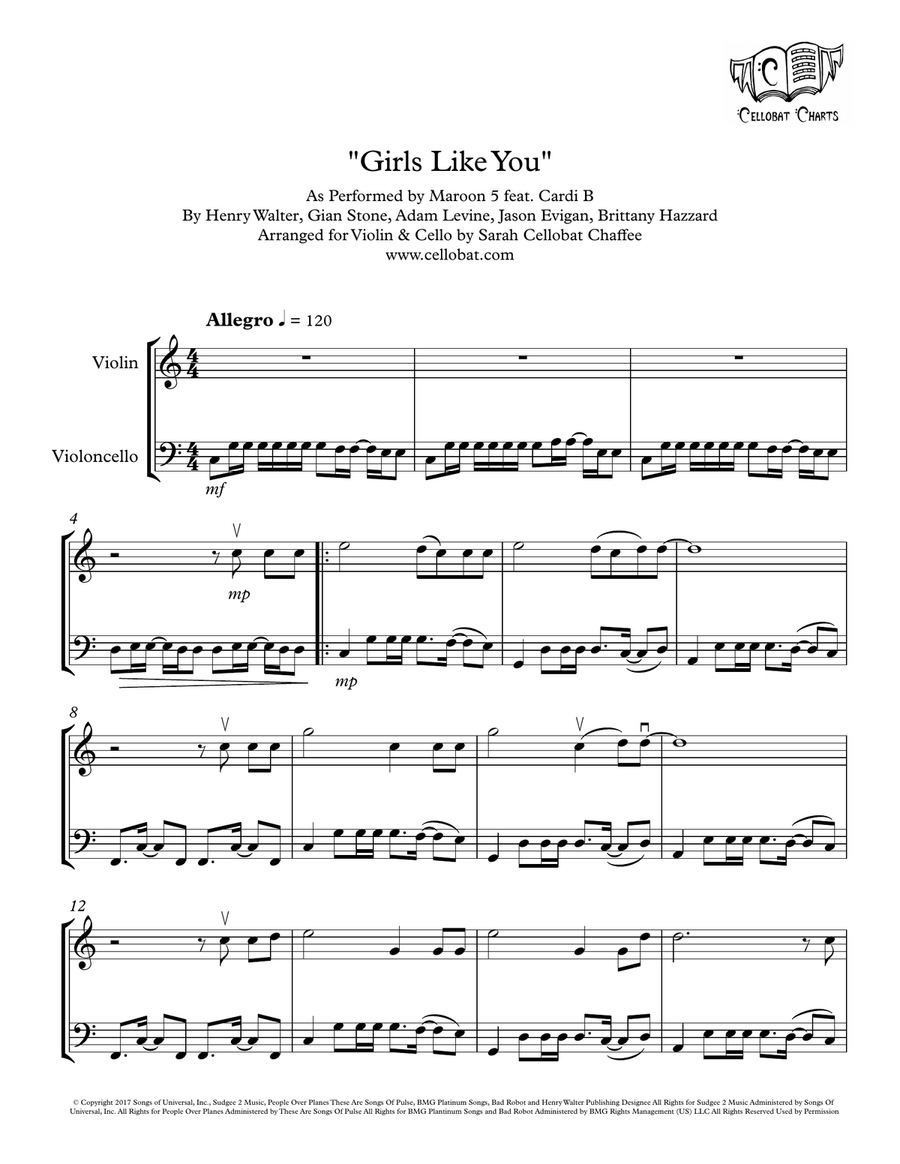 Girls Like You by Maroon 5 String Duet - Digital Sheet Music