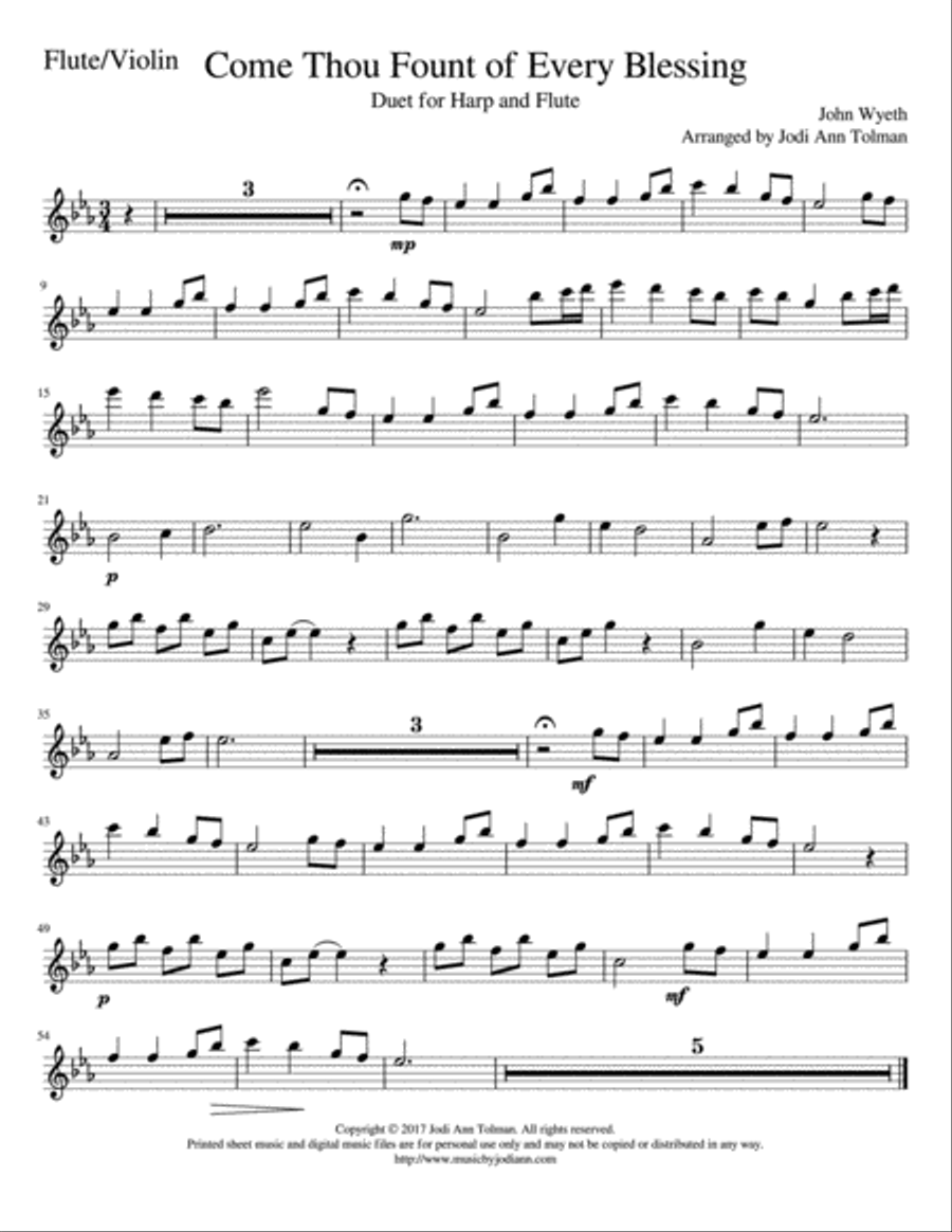 Come Thou Fount of Every Blessing, Duet for Harp and Flute (or Violin or Clarinet) Clarinet scores gallery preview page 2