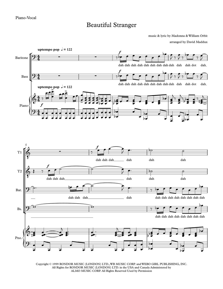Beautiful Stranger by Madonna TTBB - Digital Sheet Music