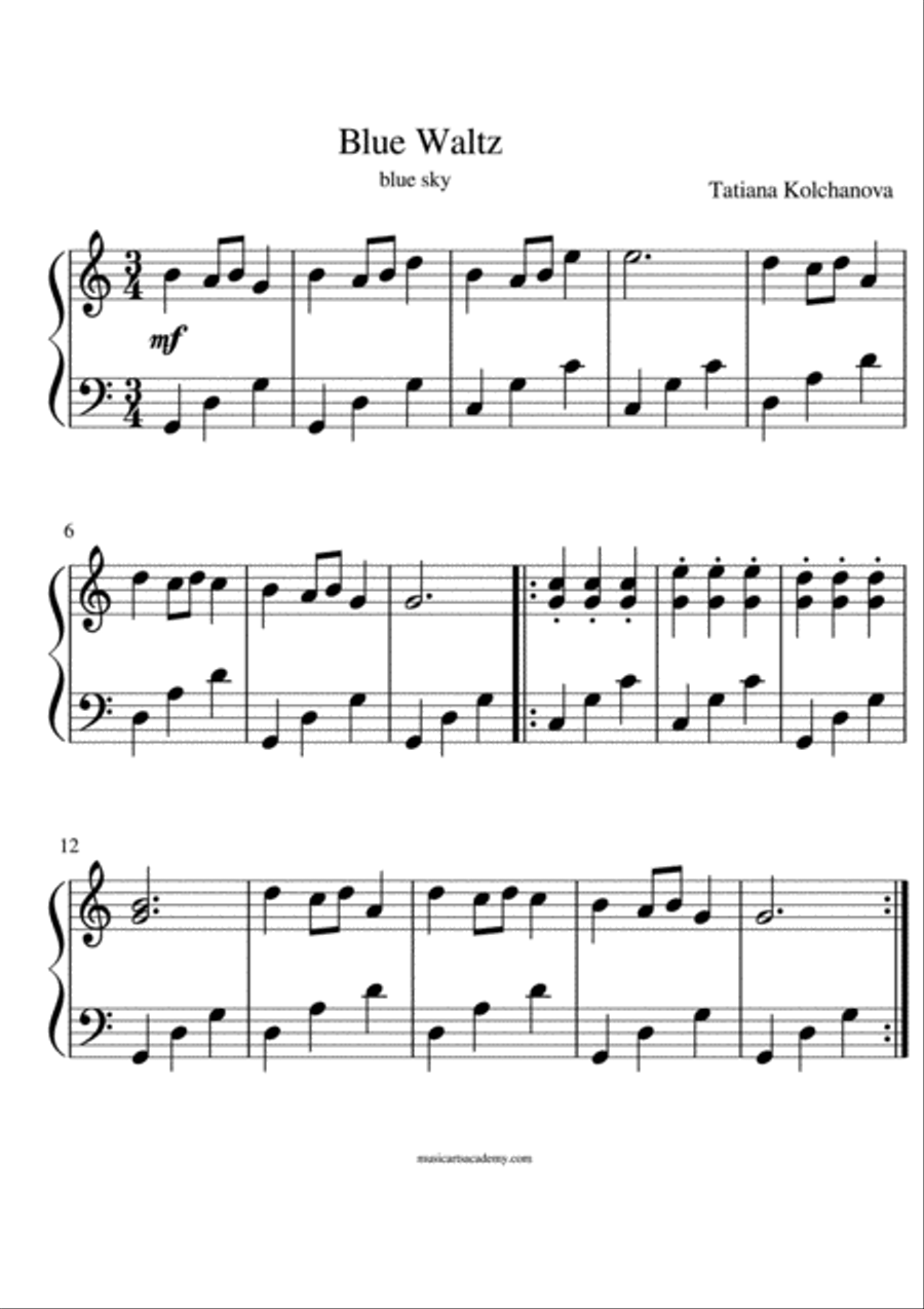 'Blue Waltz' (blue sky day), composer Tatiana Kolchanova Easy Piano scores gallery preview page 1