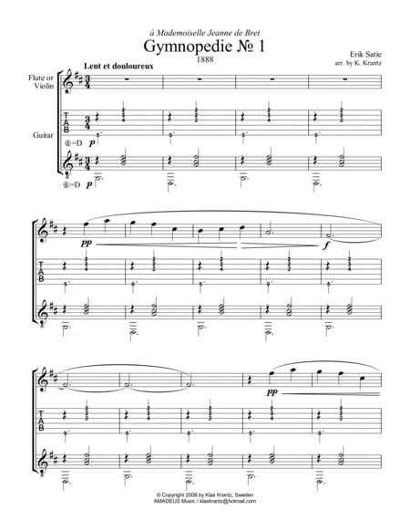 Gymnopedie No. 1 for flute or violin (+cello part) and guitar (+TAB) image number null
