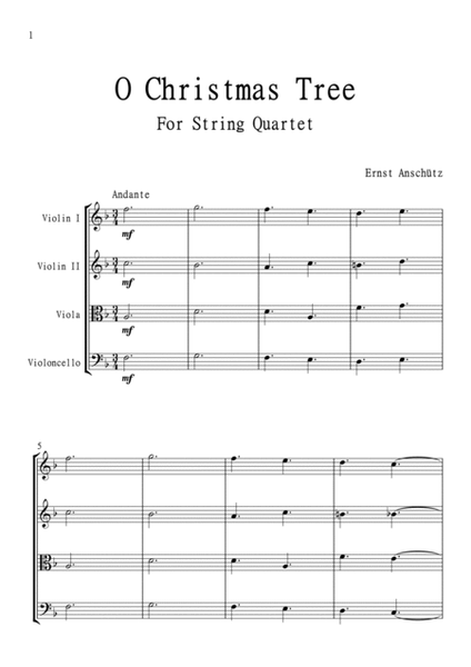 O Christmas Tree (O Tannenbaum) for String Quartet in F. Early Intermediate. image number null