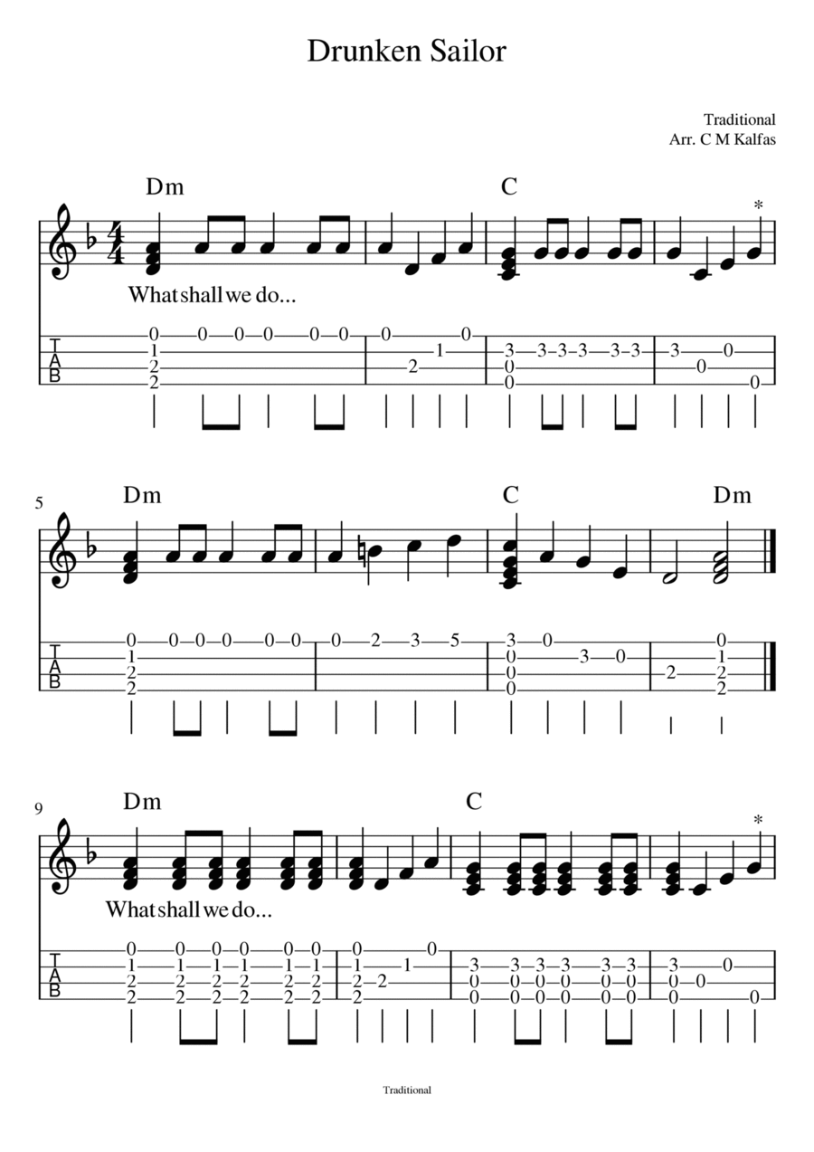 Drunken Sailor - ukulele tab with chords