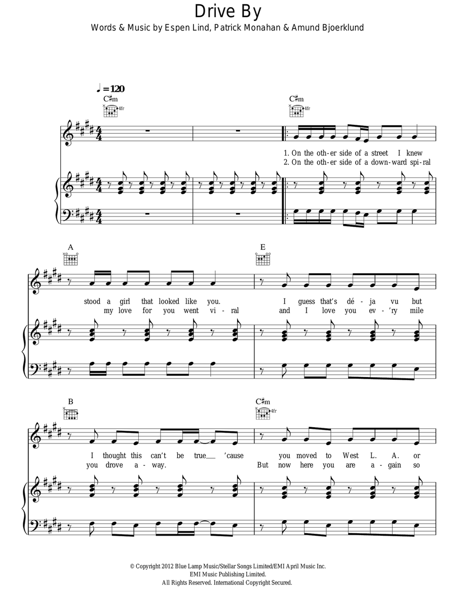 Drive By Piano, Vocal, Guitar scores gallery preview page 1
