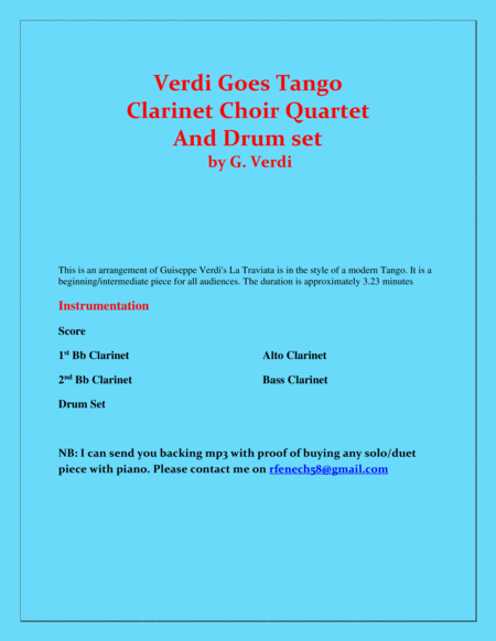 Verdi Goes Tango - G.Verdi - Eb Clarinet, Bb Clarinet, Alto Clarinet and Bass Clarinet and Drum Set image number null