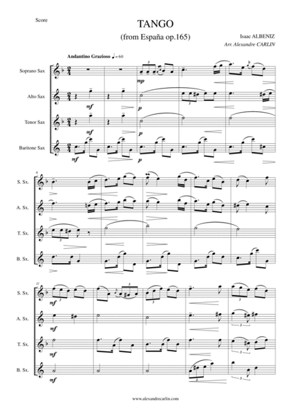 Tango by Albeniz - Arranged for Saxophone Quartet or Ensemble image number null