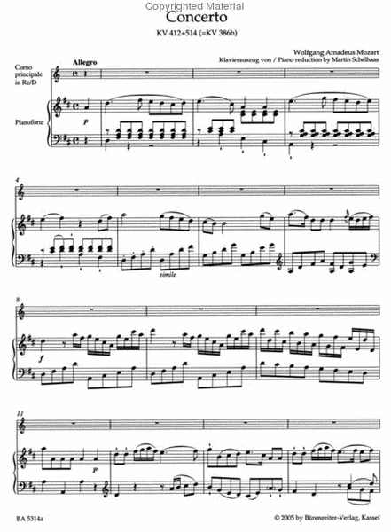 Concerto for Horn and Orchestra No. 1 D major KV 412 + 514 (386b) by Wolfgang Amadeus Mozart Piano - Sheet Music