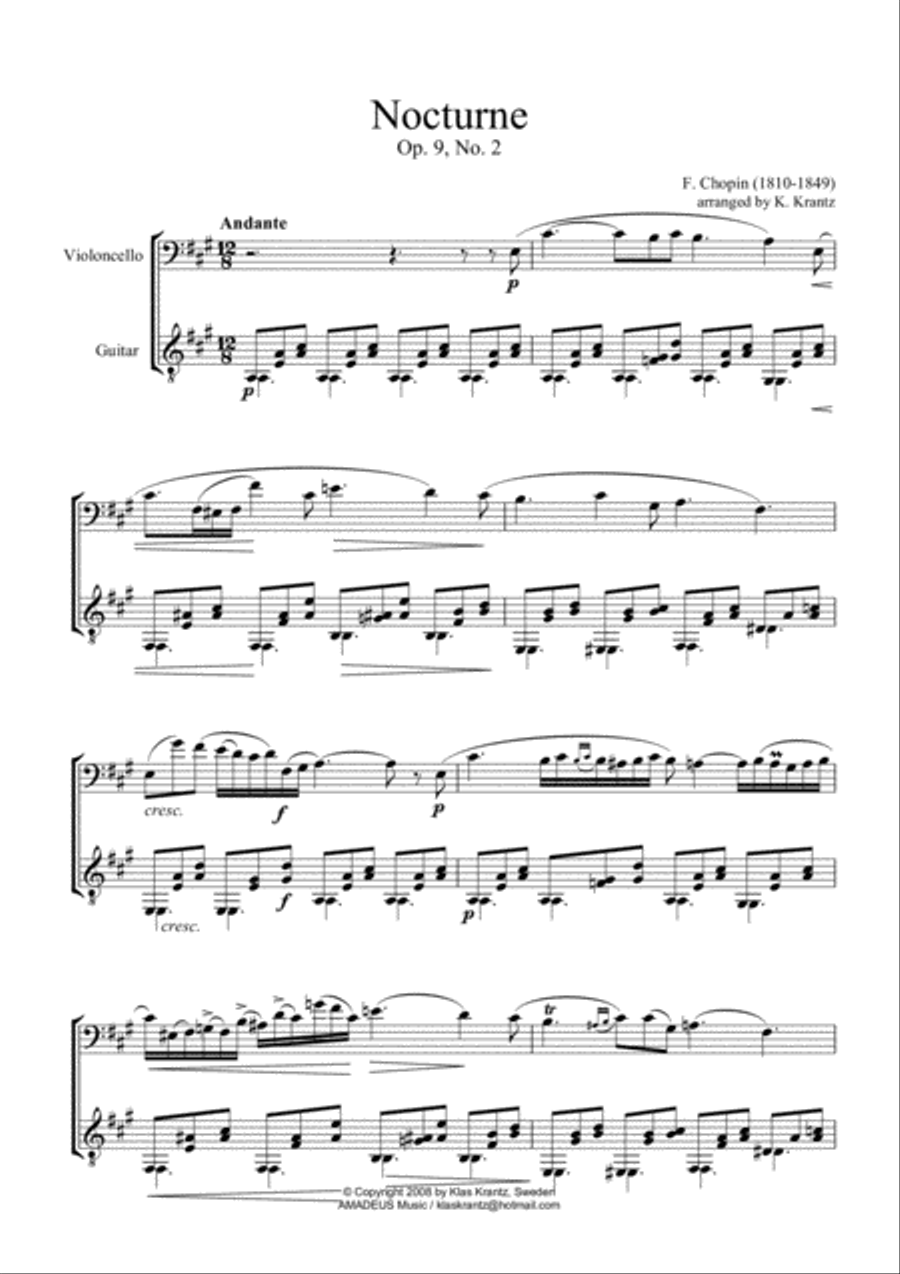Nocturne Op. 9 No. 2 for cello and guitar (abridged) String Duet scores gallery preview page 1