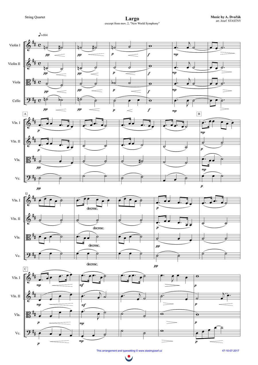 Largo (Dvořák - New World Symphony) String Quartet scores gallery preview page 1