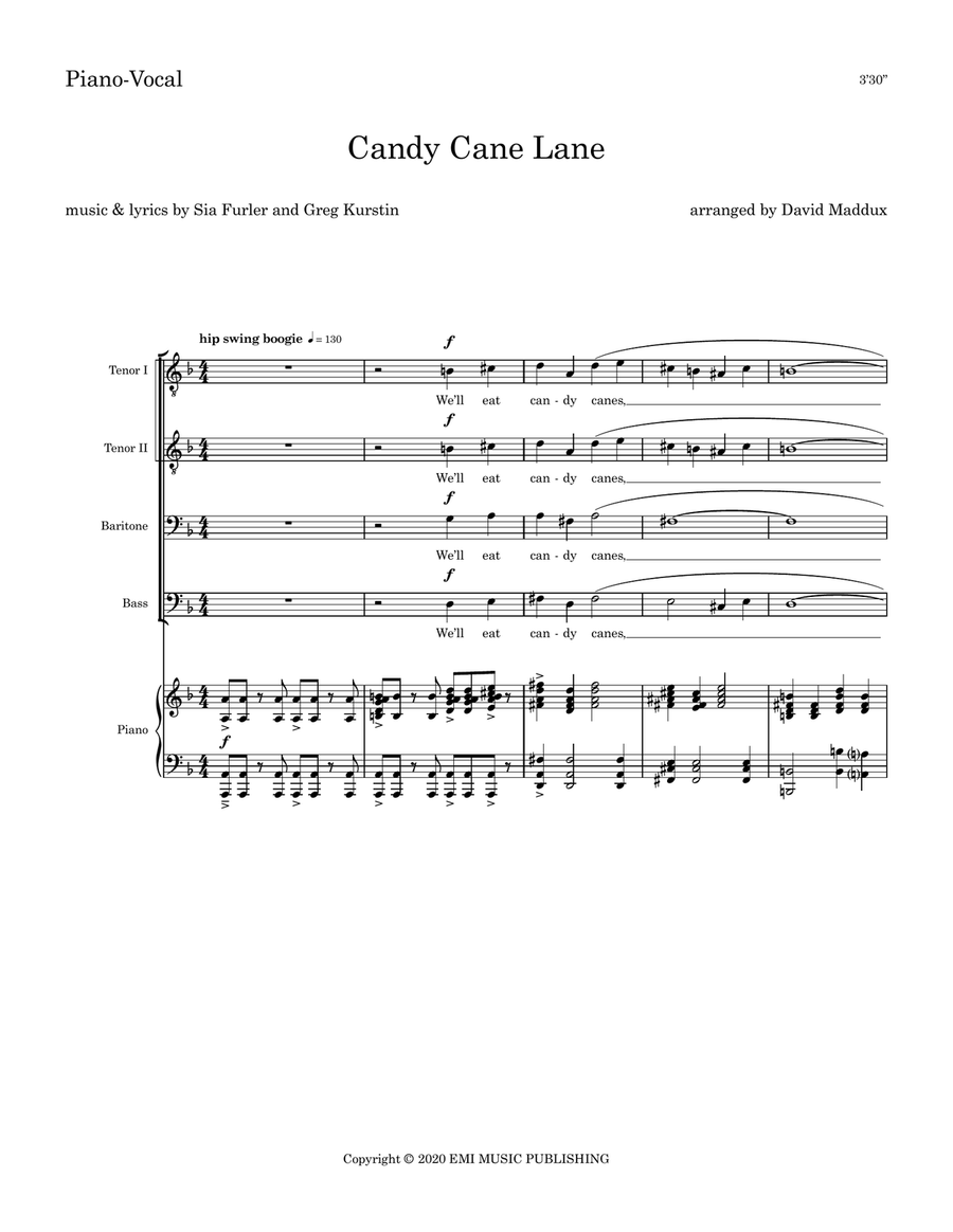 Candy Cane Lane by Sia TTBB - Digital Sheet Music