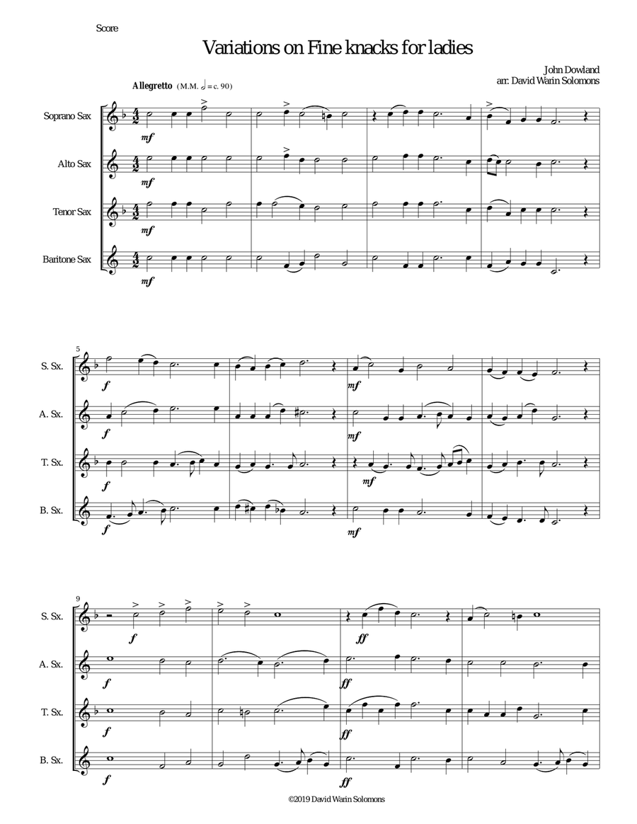 Fine knacks for ladies (with variations) - for saxophone quartet Saxophone Quartet scores gallery preview page 1