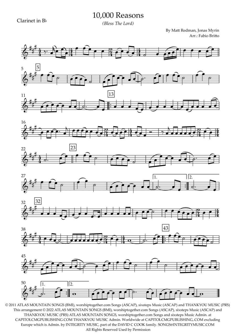 10,000 Reasons (bless The Lord) B-Flat Clarinet scores gallery preview page 1