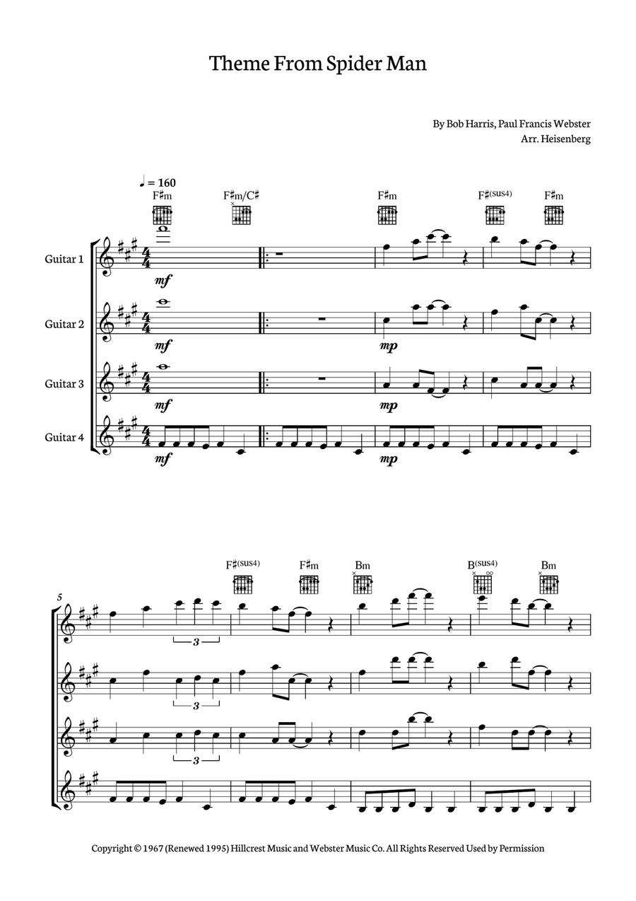 Theme From Spider Man Guitar Ensemble scores gallery preview page 1