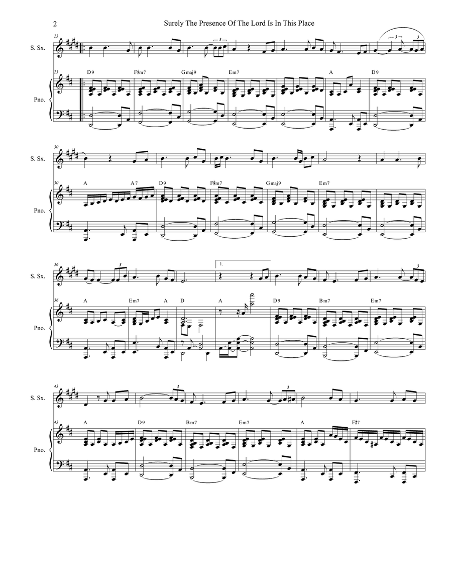 Surely The Presence Of The Lord Is In This Place Soprano Saxophone scores gallery preview page 2