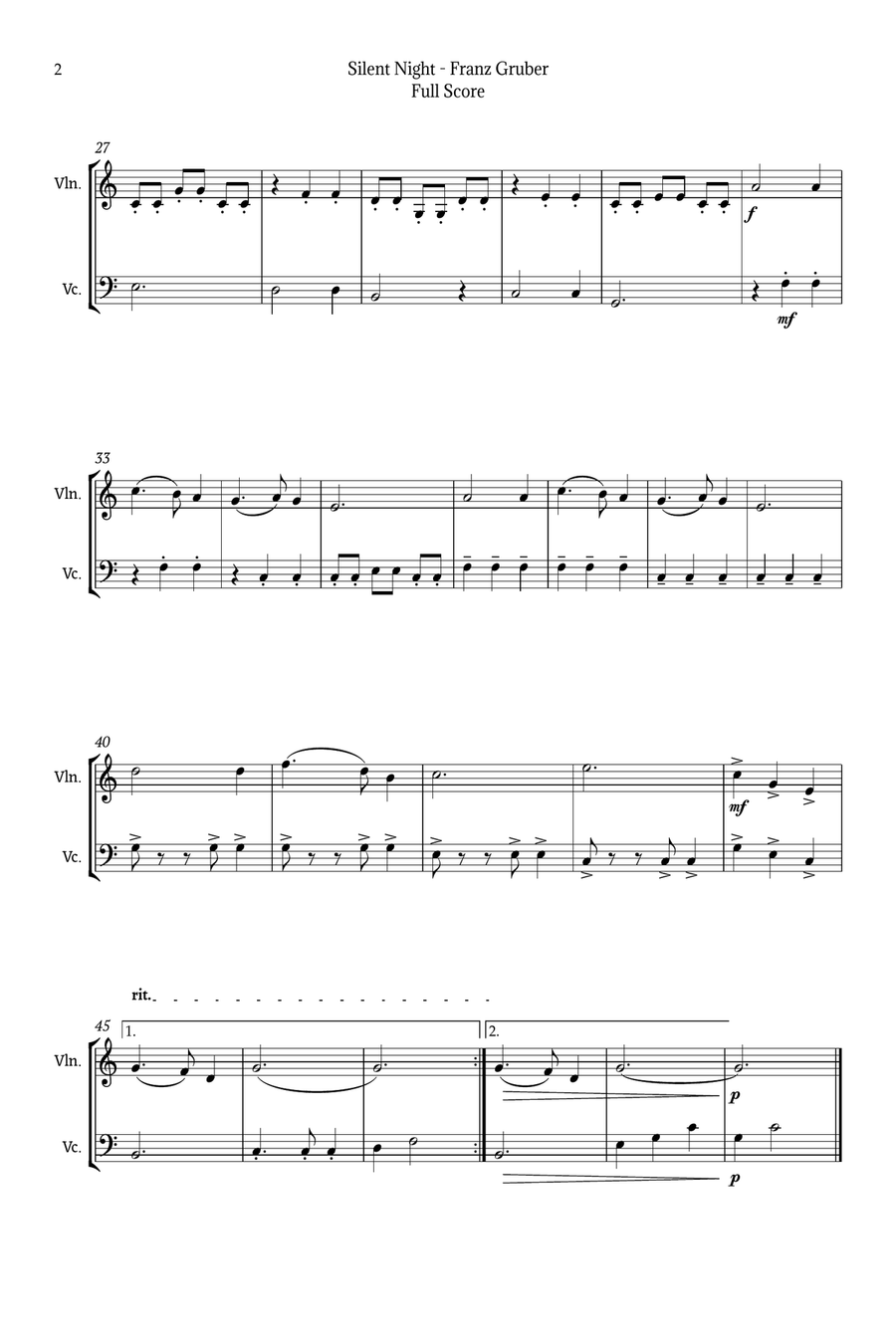 Silent Night for Violin and Cello Duet String Duet scores gallery preview page 2