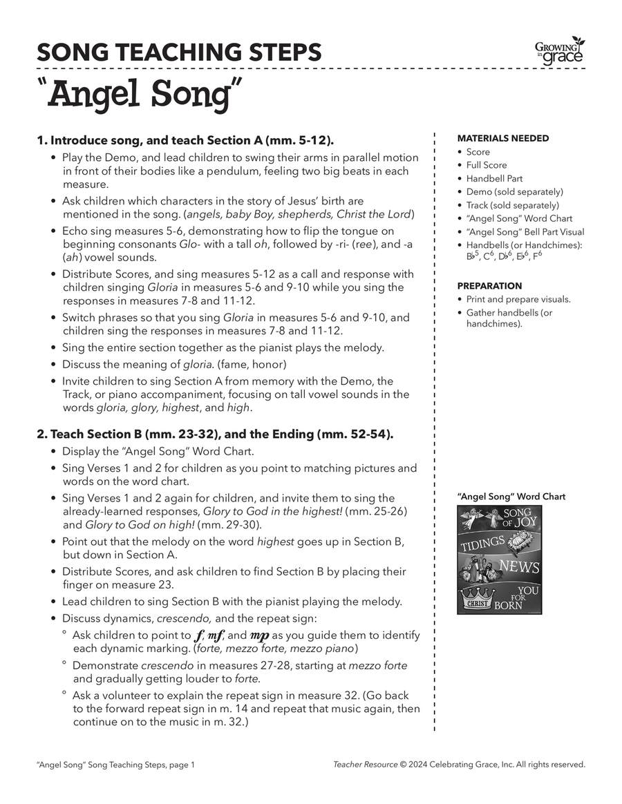 Angel Song Teacher Resource Unison Choir scores gallery preview page 1