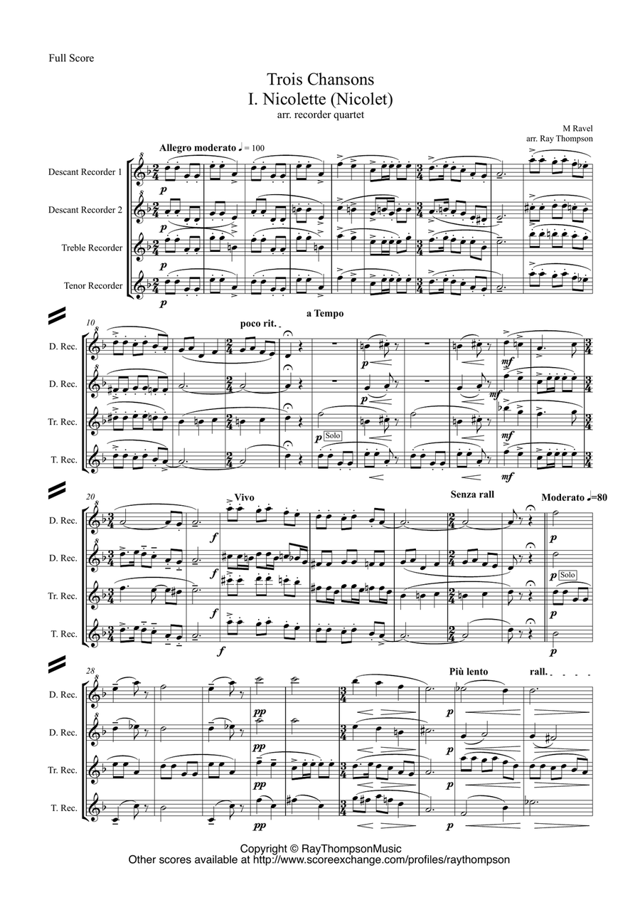 Ravel: Trois Chansons (Three Songs) (includes Three Lovely Birds of Paradise) - recorder quartet Woodwind Quartet scores gallery preview page 1