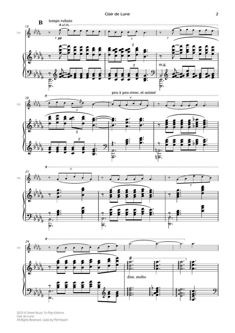 Clair de Lune by Debussy - Violin and Piano (Full Score) Violin Solo scores gallery preview page 3